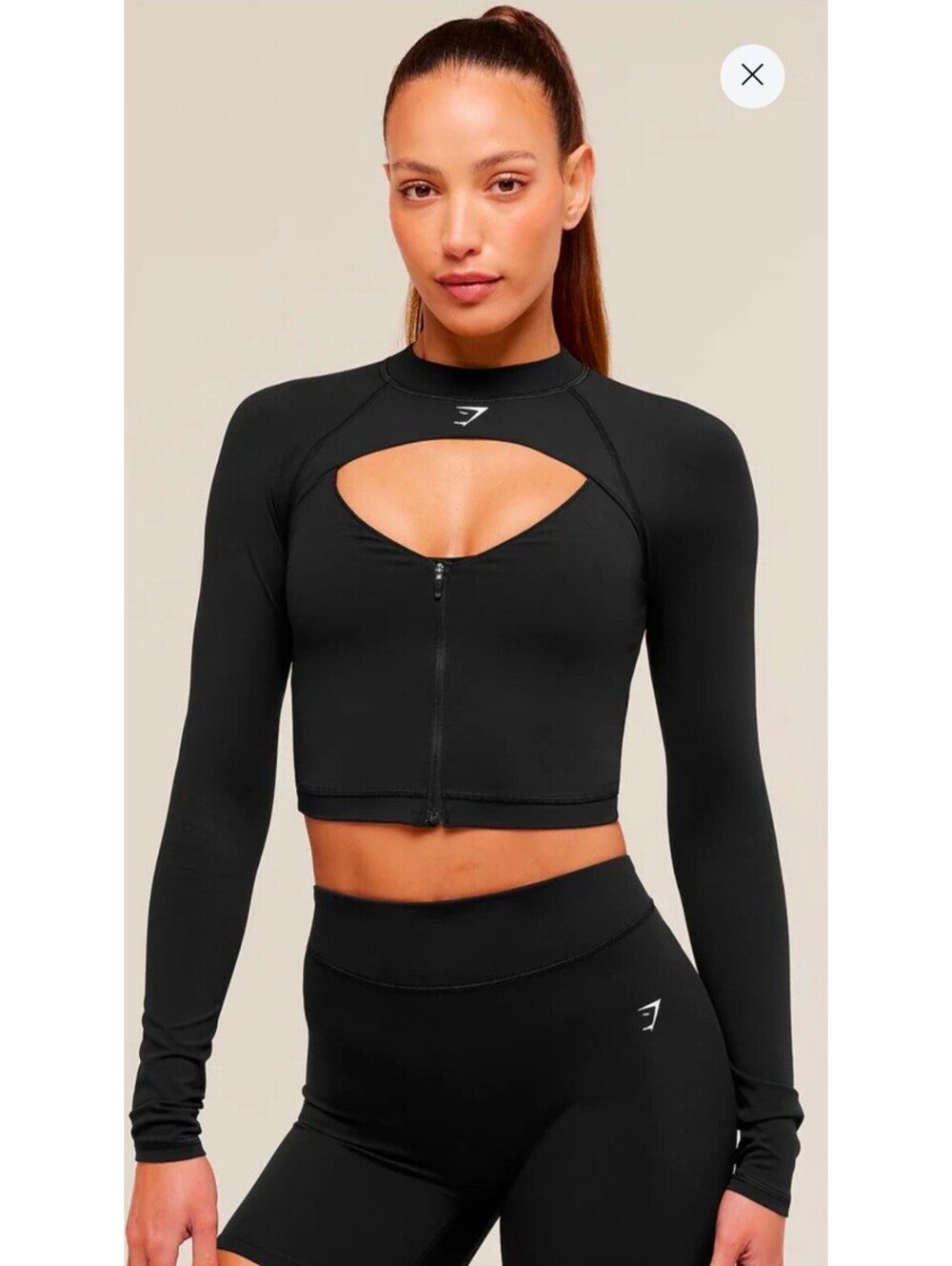 Gymshark Black Long Sleeve Crop Top with Front Zipper and Cutout Detail, Size S
